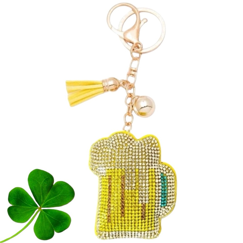 BLING RHINESTONE MUG OF BEER PUFFY TASSEL KEYCHAIN/PURSE CHARM